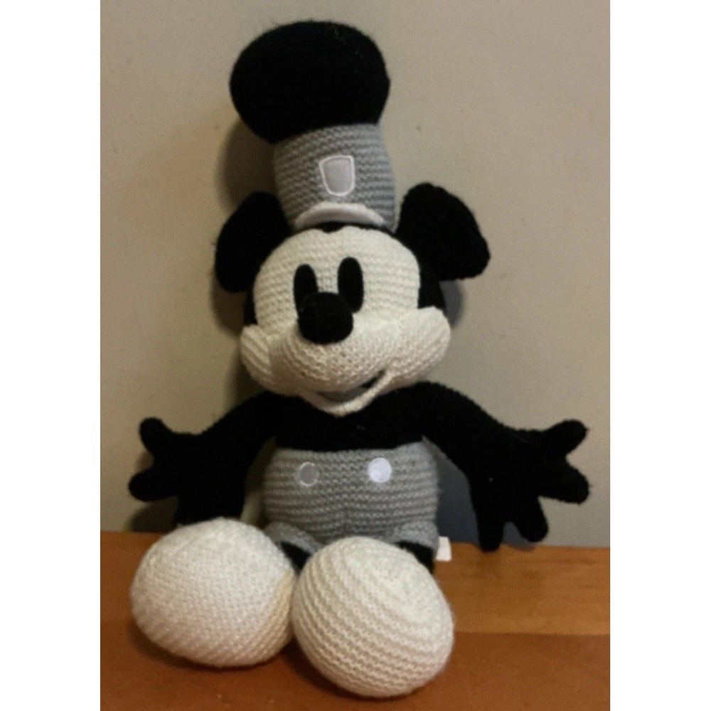Walt Disney Parks Mickey Mouse Crochet Knit Steamboat Willie Plush Gray Black